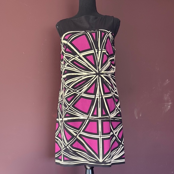 Chic Geometric Silk Dress by Nicole Miller in Purple with Ivory and Black, 8 - Picture 1 of 8